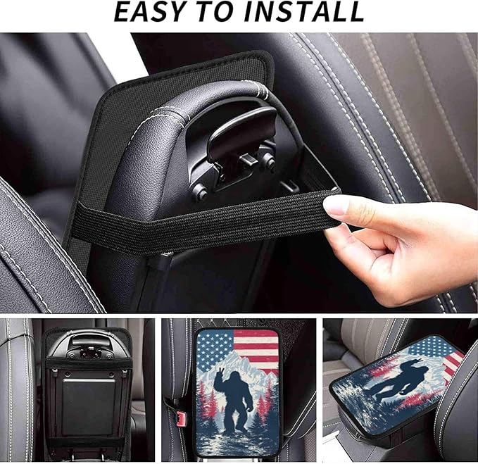 American Flag Bigfoot Sasquatch Center Console Cover Pad, Car Armrest Seat Box Cover Cushion Universal for Most Vehicle SUV Truck, Car Interior Accessories Decor, Protect from Pet Claws & Dirt