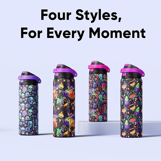 Encool SwiftSip Insulated Stainless Steel Water Bottle with Straw - Leak Proof Sports Water Bottle for School, Travel, Keeps Cold All Day, One-Touch Flip Lid, BPA-Free, 32 oz, Ghost Party
