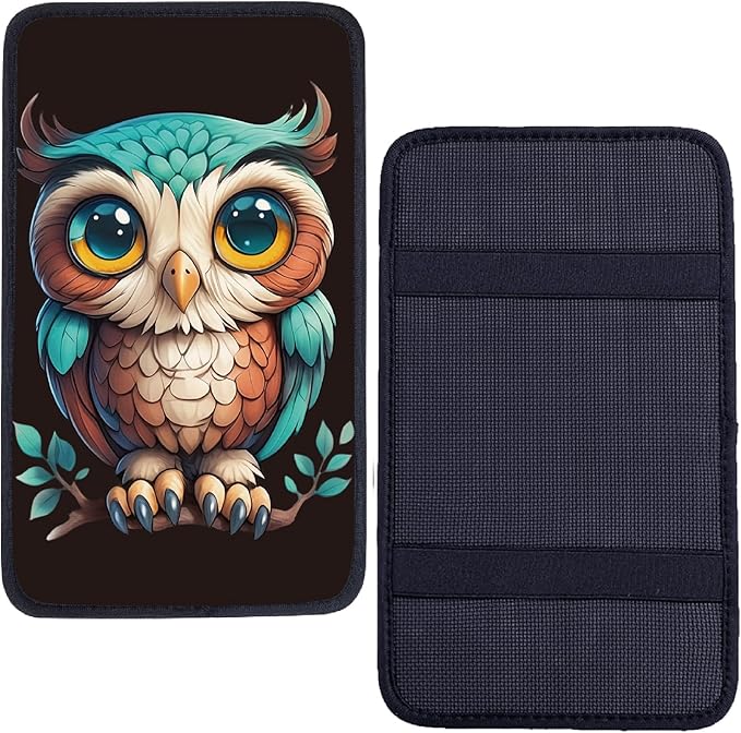 CREATCABIN Owl Auto Center Console Cover Car Armrest Cushion Auto Armrest Storage Box Pad Soft Anti-Slip Lines Waterproof Car Accessories Interior with Elastic Band for Vehicle SUV Truck 12.6×7.5in