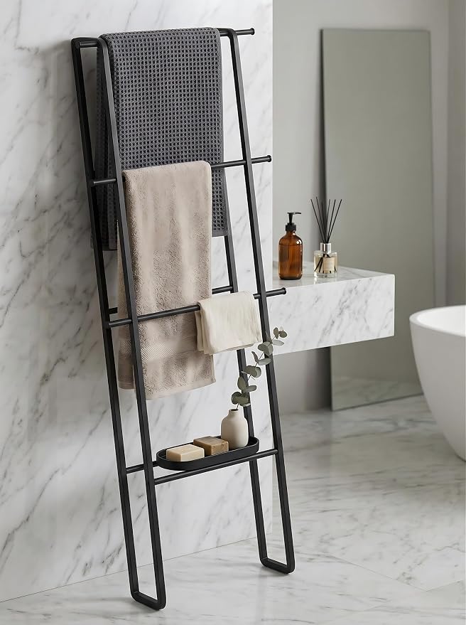 CANYAVE Metal Leaning Ladder Towel Rack, 4-Tier Blanket Stand for Bathroom Living Room, No Drilling Quilt Storage Organizer (Matte Black)