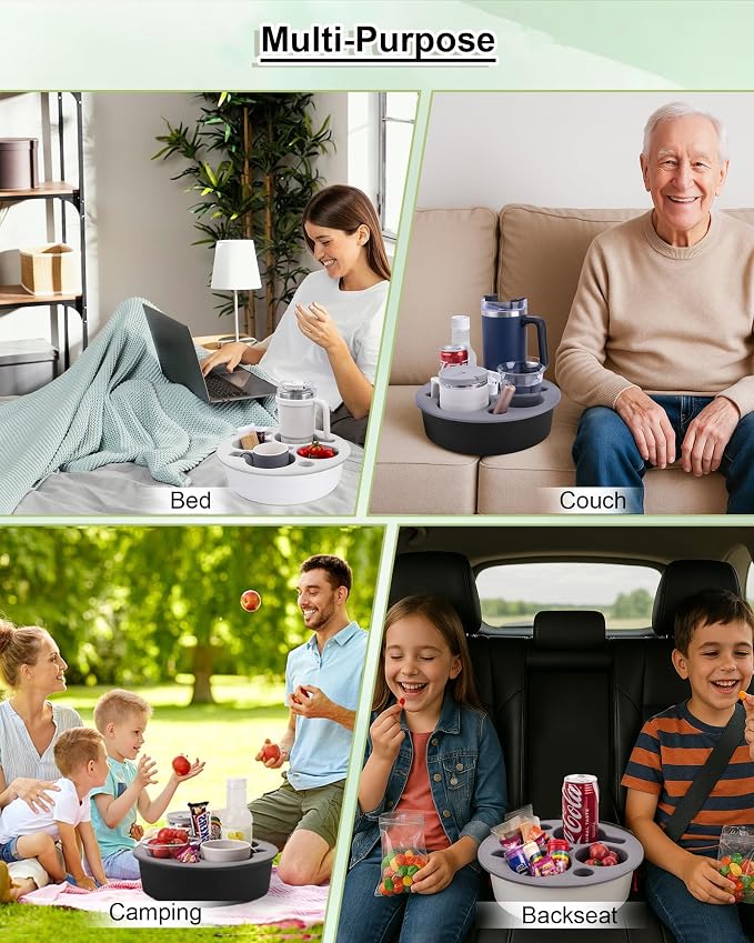 Couch Cup Holder Tray Round, Bonfixe 4-Cups Bedside Drink Holder for Elderly/Pregnancy, Stable Non-Spill Silicone Couch Caddy for Remote Control, Glasses, Snacks, Phones (Black-Gray)