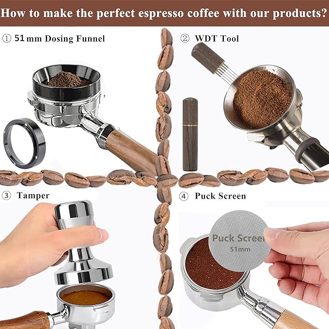 WDT Tool Espresso Accessories Kit: 51mm Dosing Funnel Puck Screen, 6 Stainless Steel Needles Espresso Distribution Tool Coffee Distributor | Espresso Tools Fit Espresso Machines of 51mm Portafilters
