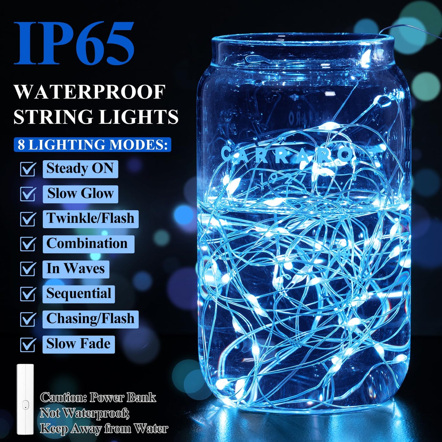 Lakumu LED String Lights, Rechargeable Battery Operated, Mini Twinkle Fairy Lights, 16FT Blue, Silver Plated Copper Wire, Model LH-CD-DC-001