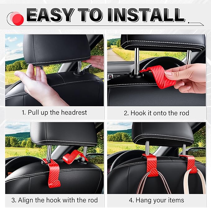 SINGARO Universal 4 Pack Car Seat Headrest Purse Hook, Carbon Fiber Back Seat Hook Storage Organizer Hanger for Purse Handbag Coat, Car Interior Accessories(Red)