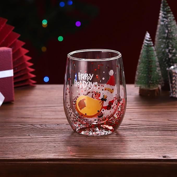 Christmas Mugs, 8 oz Double Wall Insulated Glass Coffee Mugs Set of 4, Cute Funny Mugs Coffee Cups for Cappuccino, Latte, Americano, Tea, Wine and Beverage