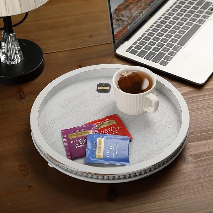 Bamboo Land- Round Decorative Trays for Coffee Table, 12", Light Gray, Wood Tripod & Beaded Design, Wooden Round Tray for Coffee Table