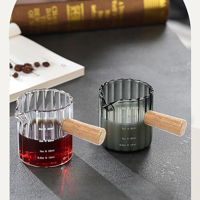 Espresso Cups Set of 2, 4 OZ Espresso Shot Glasses with Wood Handle, V-Shaped Spouts Cups, Ribbed Milk Frothing Pitcher, Glass Measuring Cup, Coffee Espresso Accessories, Demitasse Cups, Small (Clear)