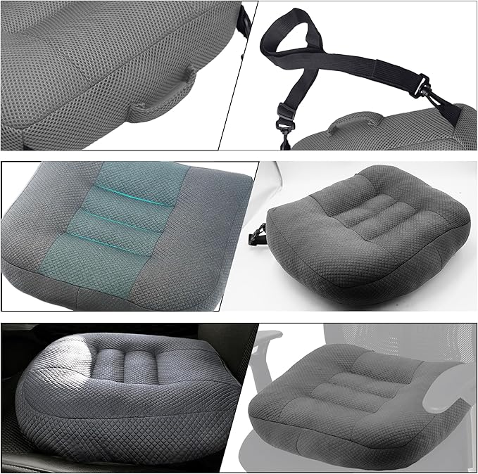 Universal Booster Seat Cushion with Adjustable Height, Breathable Mesh Portable Design with Straps, Improve Vision Improve Sitting Posture Stress Relief Driving Office Family Outdoor - Gray