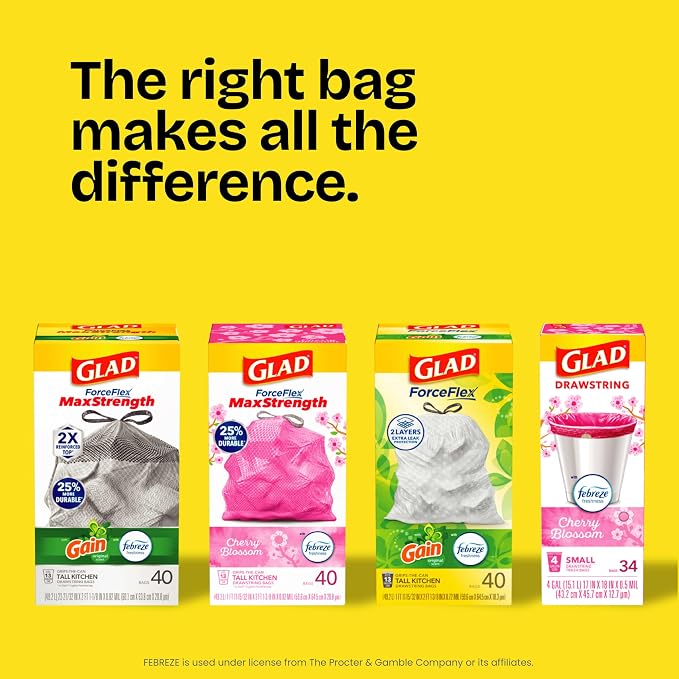 Glad ForceFlex Tall Kitchen Drawstring Trash Bags, 13 Gal, Fragrance Free, 80 Ct (Package May Vary)
