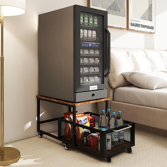 PUNCIA 19.7x23.6in Mini Fridge Stand with Large Capicity Storage Sturdy Refrigerator Table with Lockable Wheels Rolling Fridge Cart Heavy Duty Appliance Platform for Dorm, Apartment,Office, Bedroom
