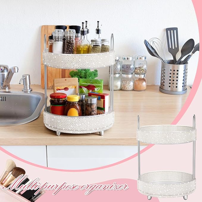 Honeydak 360 Rotating Perfume Organizer Gift for Women, Rhinestone Preppy Skincare Organizer Bathroom Counter Makeup Holder Skincare and Perfume Storage for Cosmetic(2 Tiers,Pearl,White)