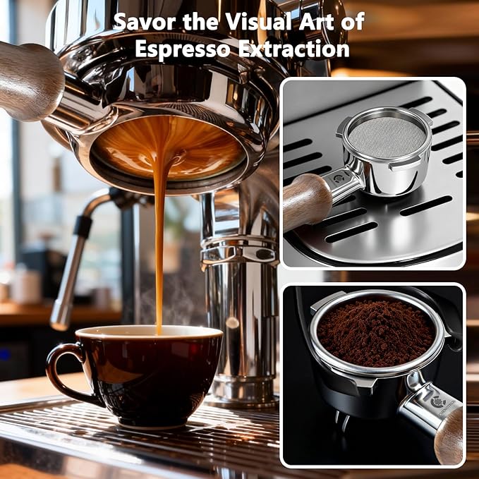 Espresso Accessories, 54mm Bottomless Portafilter with Detachable Double Spout, 18g Convex Filter Basket, 3-Ear Design, Walnut Wood Handle, Compatible with Breville 54mm Espresso Machines