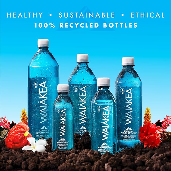 Waiākea - Hawaiian Volcanic Water - Naturally Alkaline Water - pH Range 7.6 to 8.2 - All Natural Minerals & Electrolytes - 100% Recycled Water Bottles - Bottled Water 24 Pack - 16.9 Fl Oz, 500 mL
