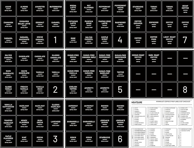 89 Coffee Syrup Labels for Coffee Bar Accessories, Minimalist Preprinted Coffee Stickers for Coffee Station, Essentials for Syrup Bottle & Dispenser Organization