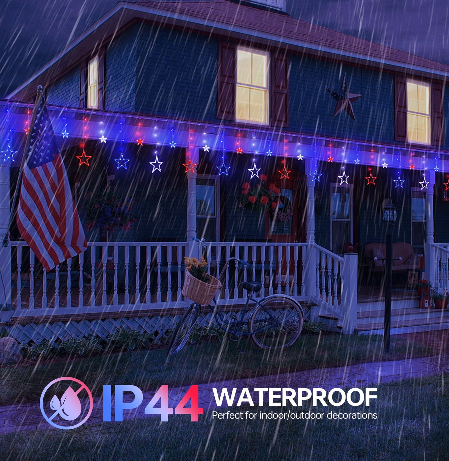MYGOTO Patriotic Star Icicle Lights, 8.2ft 126LED, Waterproof, 8 Modes, Red White Blue, Model QX-U-O-I-126-1-RWB