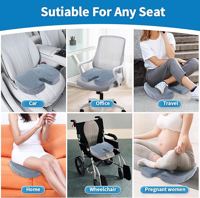 Memory Foam Seat Cushion for Office Chairs & Tailbone Pain Relief - Ergonomic Chair Seat Cushion & Car Seat Cushion for Long Driving - Non-Slip Portable Wheelchair Cushions, Grey