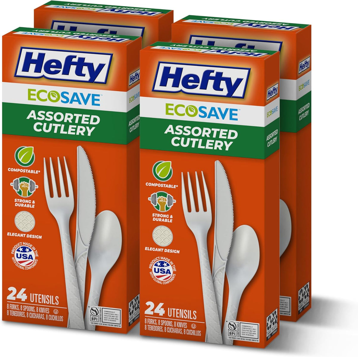 Hefty ECOSAVE Compostable Assorted Cutlery Set, Utensils for BBQs, Tailgates, Camping, Parties, and More, Includes 8 Forks, 8 Spoons, and 8 Knives, Compostable, Sustainable Design, 24 Count
