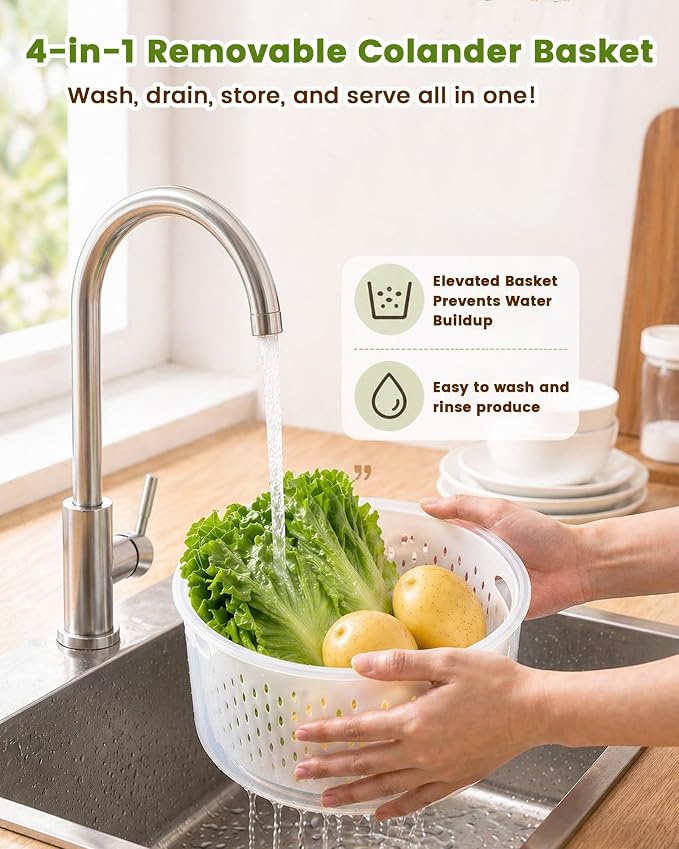 8 Pieces Airtight Fruit Storage Containers for Fridge with Air Circulation Vent, 4 Pack Round Produce Saver with Colander for Berry Lettuce Salad Vegetable Storage, Refrigerator Organizers -White