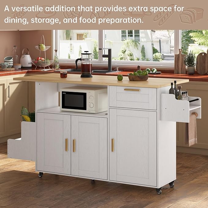 Rolling Mobile Kitchen Island with Storage and Drop Leaf on Wheels, 67" Desk Island for Kitchen with Power Socket and Drawer, Mobile Portable Carts with Spice Rack and Towel Rack (White, Model 3)