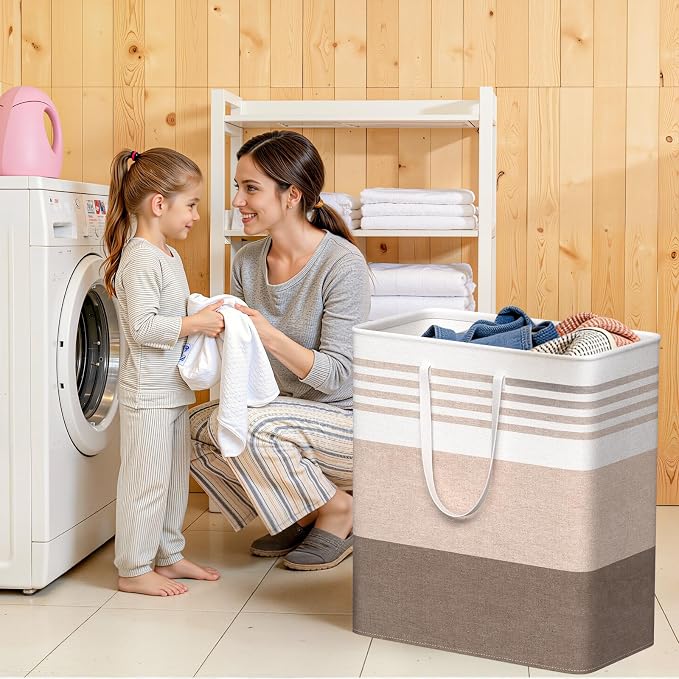 WOWBOX 2 Pack Laundry Baskets, Laundry Hampers, Freestanding Dirty Clothes Hampers with Reinforced Handles & Cross Stitch & Waterproof Coating, for Laundry Bedroom Bathroom Dorm,100L Pink