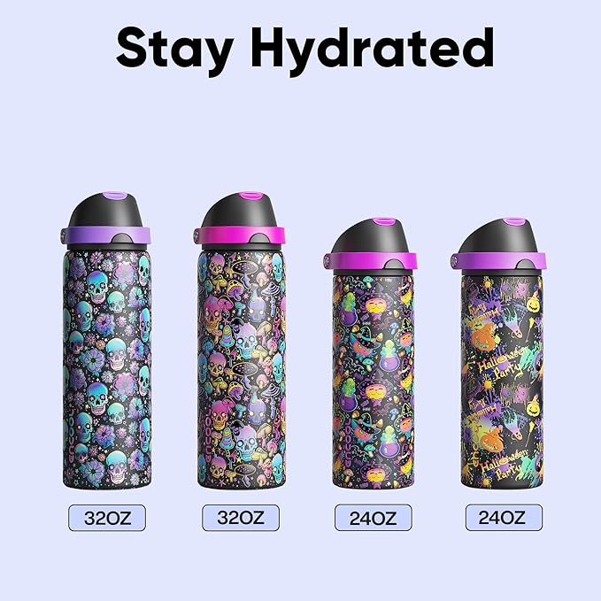 Insulated Water Bottle with Straw - Encool Stainless Steel Water Bottle with Push Button Lid, Leak-Proof & BPA-Free, Keeps Cold for 24 Hours for Sports, Travel, Gym (32 oz, Floral Afterlife)
