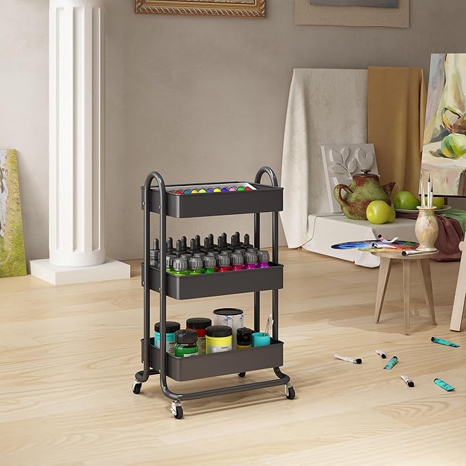 MIOCASA 3-Tier Metal Utility Rolling Cart, Heavy Duty Multifunction Cart with Lockable Casters, Easy to Assemble, Suitable for Office, Bathroom, Kitchen, Garden (Dark Gray, 3-Tier-Metal)