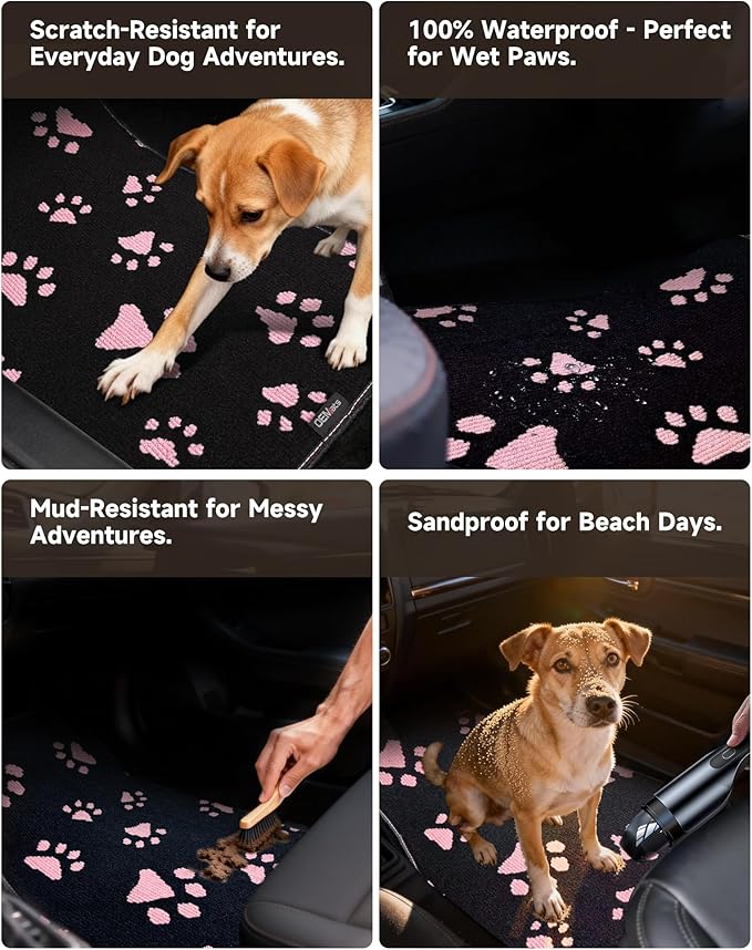 Cute Embroidered Dog Paw Car Floor Mats for Pet Lovers, Universal Fit All Weather Car Mats with Anti-Slip Nibbs Backing, Carpet Floor Mats for Cars, Trucks & Sedans, Full Set of 4 (Pink Paw)