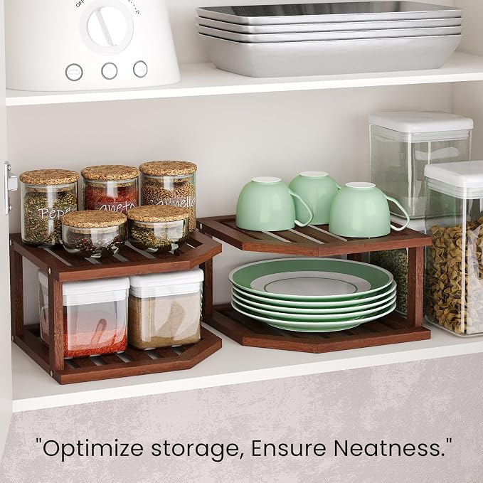VERTORGAN Bamboo Corner Shelf,2 Tier Plate Organizer for Cabinet and Countertop,Pantry Dish and Spice Rack for Kitchen(Brown)