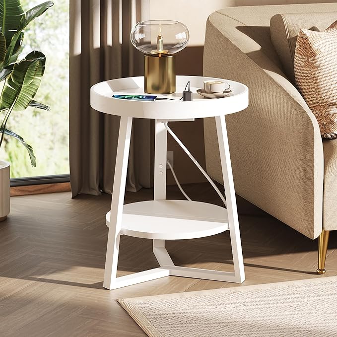 WLIVE Round End Table with Charging Station, Small Round Coffee Table, 2 Tier Side Table for Living Room/Bedroom, Sofa Couch, Wood Tabletop & Metal Frame, White