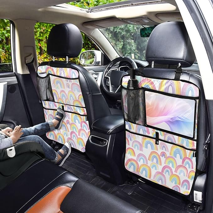 1 Pack Back Seat Car Organizer with Storage Pockets Kick Mats Back Seat Protector Hanging Car Organizer Automotive Seat Back Cover Organizers Gradient Cute Rainbows