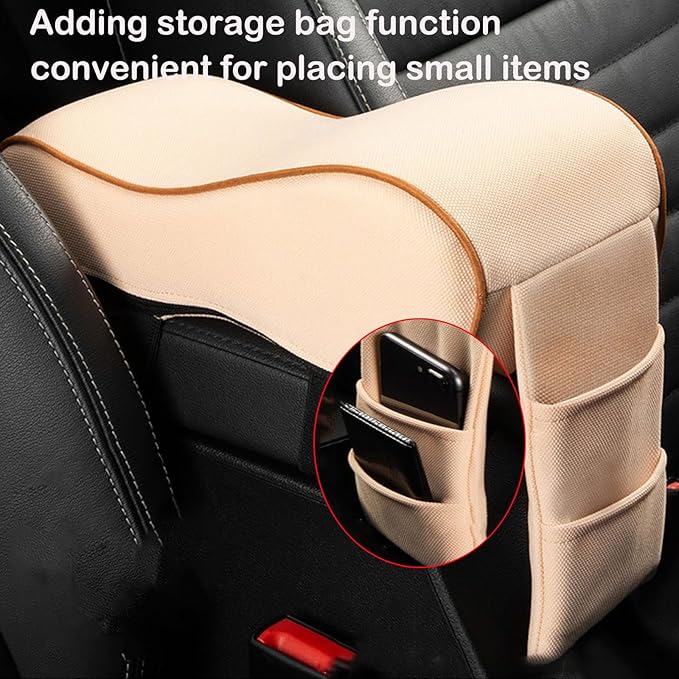 Auto Center Console Armrest Pillow, Memory Foam Car Armrest Cushion with Phone Holder Storage Bag Universal Fit for Most Car (Beige)