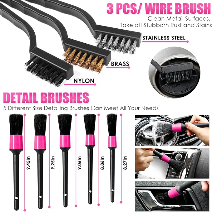 Viewsun 37pcs Car Cleaning Kit, Pink Car Interior Detailing Kit with High Power Handheld Vacuum, Detailing Brush Set, Windshield Cleaner, Cleaning Gel, Complete Car Cleaning Supplies for Women