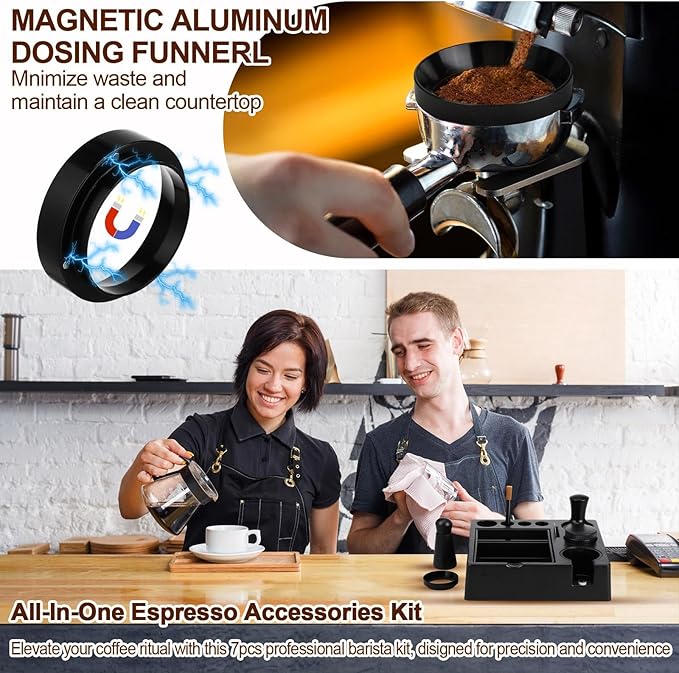 7pcs Espresso Accessories Kit 51/58/53mm Tamping Station Machine Accessories Spring Loaded Calibrated Tamper Wdt Espresso Tool and Dosing Funnel Set Distributor and Tamper Leveler(58mm)