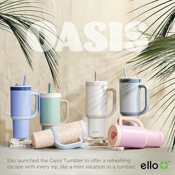 Ello Oasis 24 oz Tumbler with Handle & Retracting Straw | Reusable Insulated Stainless Steel Cup 100% Leakproof, Gifts for Teens Women Men | Keeps cold for 24 Hours, Cup Holder Friendly, Pistachio