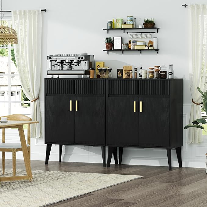 Sideboard Storage Cabinet with 2 Drawers & 2 Doors, Fluted Kitchen Buffet Cabinet with Adjustable Shelves, Coffee Bar Station for Living Room, Entryway, 13.8 x 27.6 x 35.6 Inches, Black