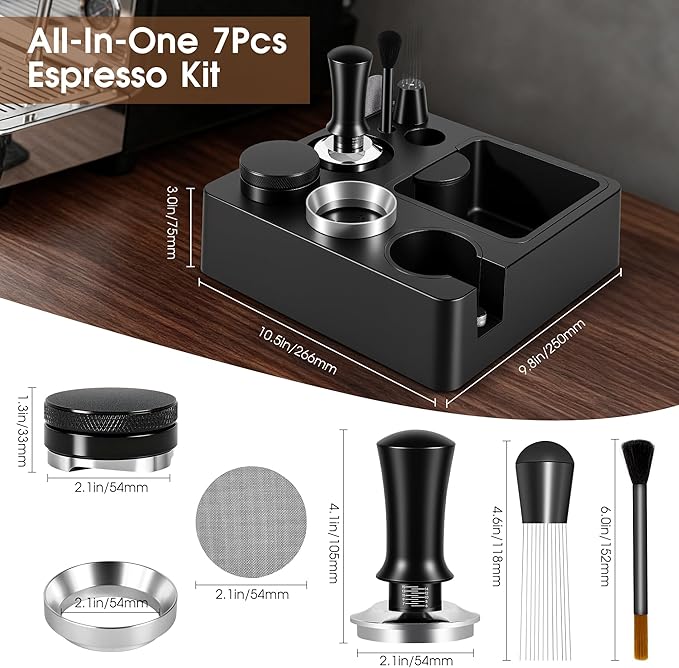 54mm Espresso Accessories Kit, Espresso Knock Box and Tamping Station, Coffee Tamper, Distributor, WDT Distribution Tool, Dosing Funnel and Puck Screen Set Fits Breville 54 mm Portafilter
