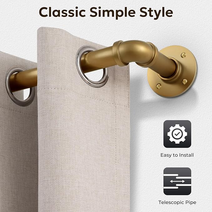 Zeerobee Curtain Rods for Windows 48 to 84, 1 Inch Industrial Wrap Around Warm Gold Curtain Rod, Indoor/Outdoor Room Divider Adjustable Drapery Pole, 48"-86"