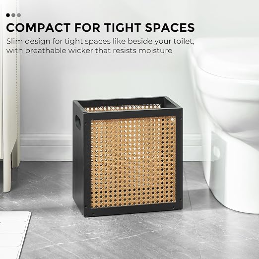 TIOPGHAD Small-Wicker-Waste-Basket-Trash-Can 3 Gallon/11.6 L Bamboo Mini Rattan Wastebasket Garbage Can Trashcan Wood Trash bin for Bathroom Office Living Room(Black&Oak)