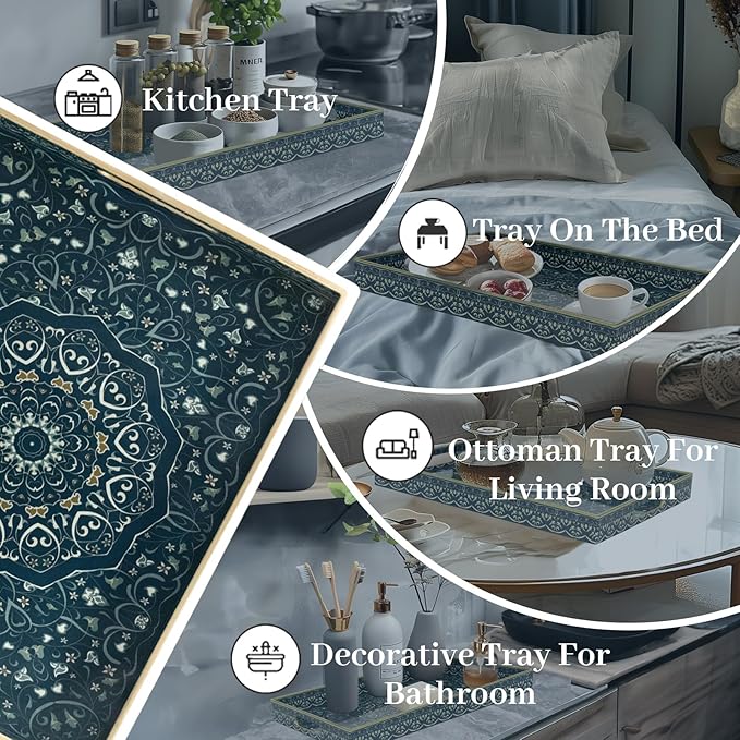MAONAME Serving Tray with Handles, Plastic Rectangular Tray for Coffee Table, Dark Blue Boho Decorative Trays for Ottoman, Living Room, 15.8" Lx 11.8" W X 1.6" H