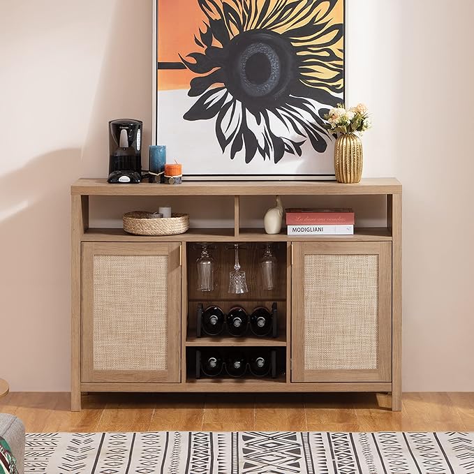 SICOTAS Rattan Coffee Bar Cabinet, 102" Farmhouse Sideboard Buffet Cabinet with Storage, Boho Liquor Wine Cabinet Set of 2 Credenza Console Buffet Table for Home Living Dining Room Entryway, Natural