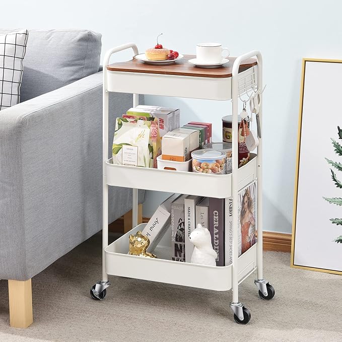 TOOLF 3-Tier Rolling Cart with Table Top, Metal Storage Cart on Wheels, Utility Organizer with Wooden Tray, Lockable Casters, Easy Assembly for Bathroom, Living Room, Office, Kitchen, White