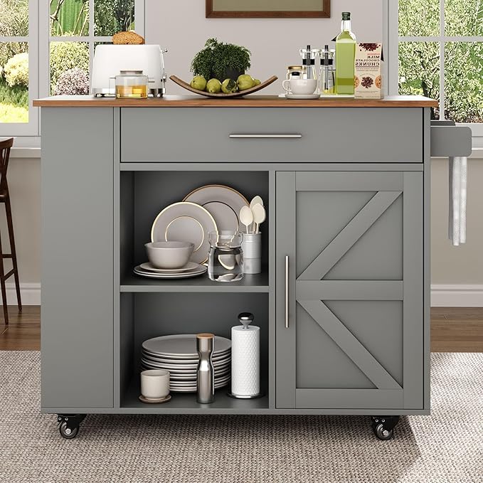 4 EVER WINNER Kitchen Island cart on Wheels with Storage, Kitchen Island with Spice Rack & Towel Rack, Rolling Kitchen Island with Open Shelves, Portable Island with Drawer, Grey