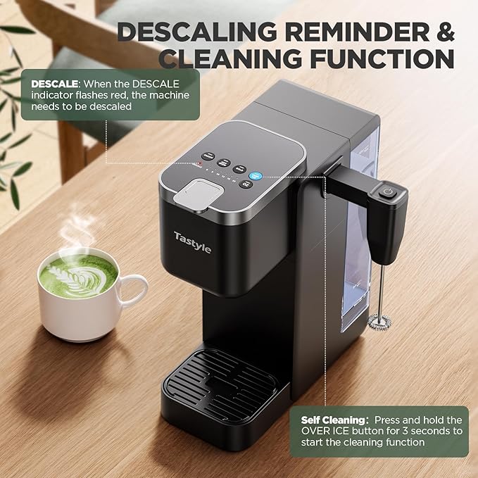Single Serve Coffee Maker with Built-in Detachable Milk Frother, Iced and Hot Coffee Machine for K Cup & Grounds, 40oz Removable Water Reservoir, 6 Cup Sizes, Fits 7.3" Travel Mug, Black