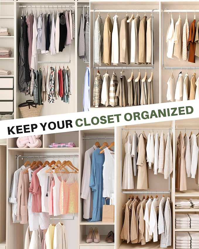 Hanging Closet Rod, Adjustable Height & Width Closet Rods for Hanging Clothes-Closet Extender Hanging Rod Space-Maximizing Design Suitable for Hanging and Drying Clothes, Silver
