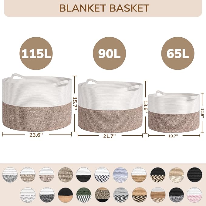 INDRESSME 115L Extra Large Cotton Rope Basket, Blanket Basket for Home Decor Living Room Nursery, Toy Storage Baskets for Kids Boys Girls, White & Navy
