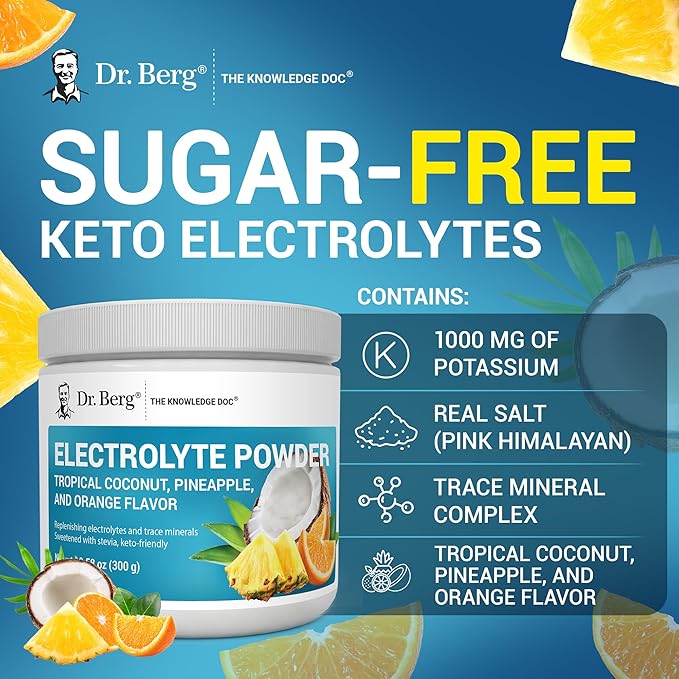 Dr. Berg Zero Sugar Hydration Keto Electrolyte Powder - Enhanced w/ 1000 mg of Potassium & Real Pink Himalayan Salt (NOT Table Salt) - Tropical Coconut, Pineapple & Orange Drink Supplement 50 Servings