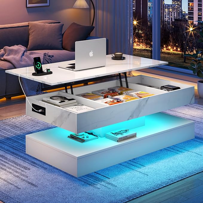 47.2" Large Lift Top Coffee Table, Modern LED High Glossy Coffee Table with Charging Station, Lights, Hidden Compartment Storage, Lift Center Tables for Living Room, Home Office, White