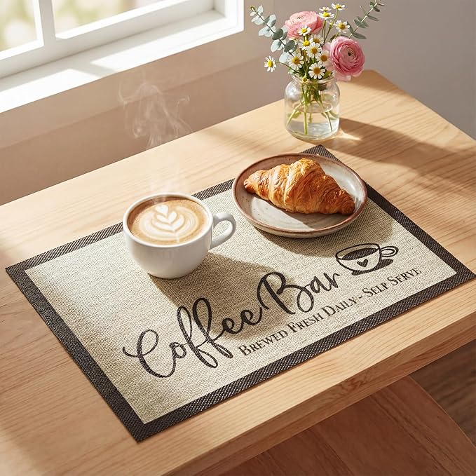 Artoid Mode Coffee Bar Mats Set of 2, 12x18 Inch Washable Non-Slip Plastic PVC Vinyl Table Mats for Coffee Machine, Countertops