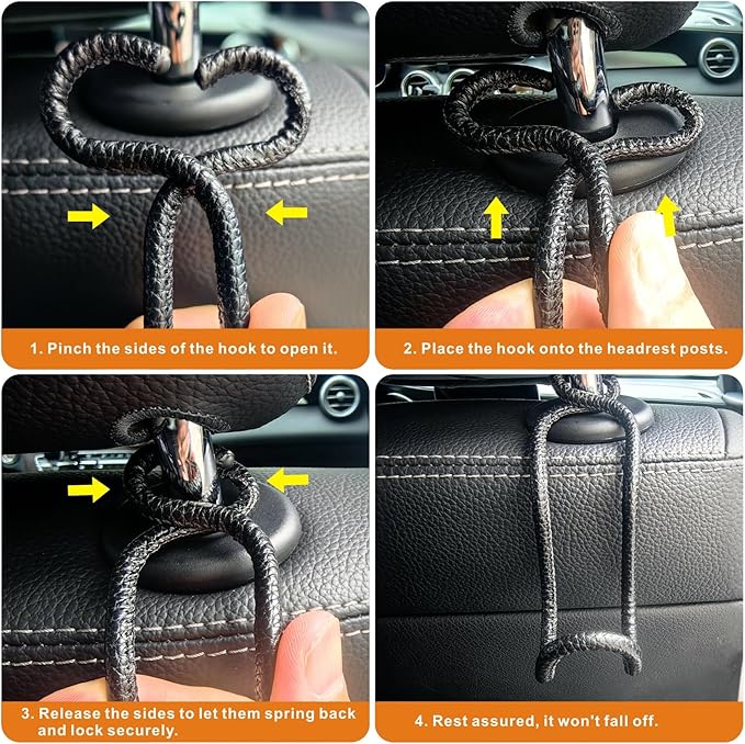 Car Headrest Hooks for Purse and Bag - 2 Pack Car Seat Hooks for Grocery Handbag, Car Interior Accessories for Men Women, Heavy-Duty Metal Car Purse Holder Covered by Leather - Black Leather/2L