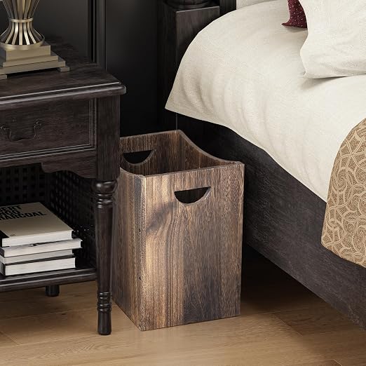2 Pack 5 Gallon Wooden Trash Can Curved Design Office Waste Basket, Rectangular Farmhouse Garbage Can, Brown Vintage Wood Trash Can Storage Basket With Handles for Bedroom Office Decorative